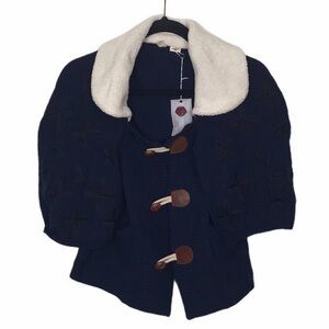 Moth Anthropologie Navy Blue 100% Wool Toggle Sweater Vest With Cape FLAWED